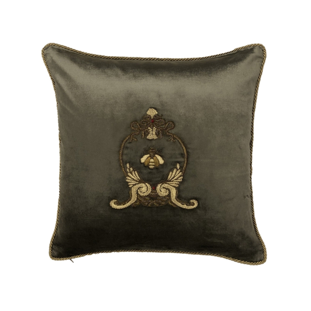 Sanctuary Cushion Cover - Hand Embroidered Velvet Olive Green Emblem image 0